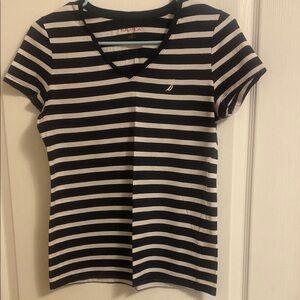 Nautica Navy and White Striped V-Neck Tee